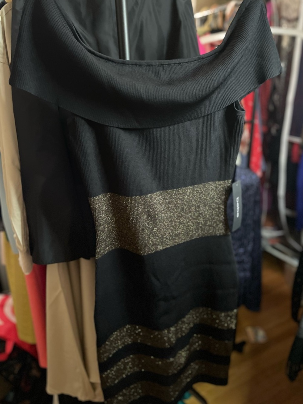 NWT! bebe Black Off-the-Shoulder Tube Dress with Gold Sparkle Bands